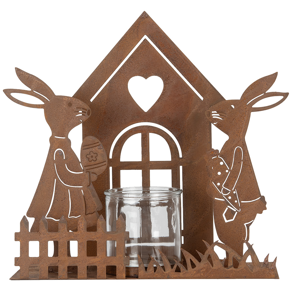 Waxinelichthouder huisje met konijnen 26x9x26 cm